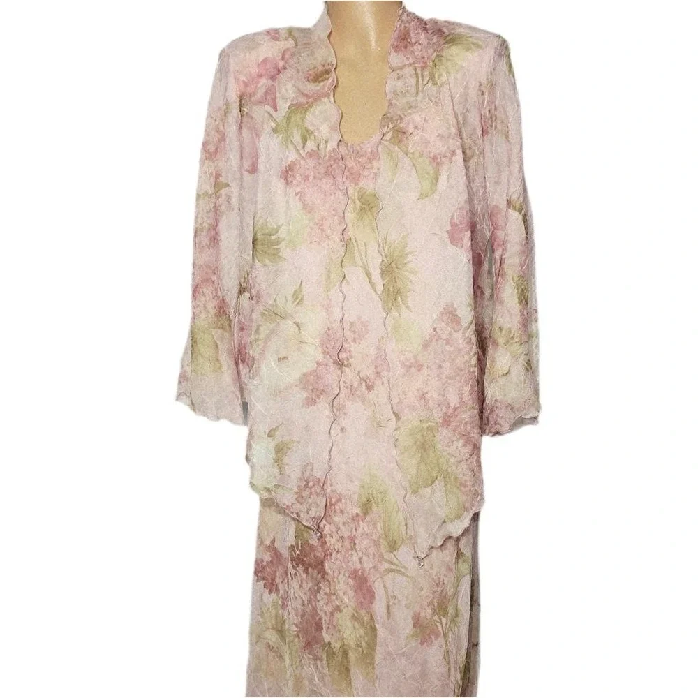 Kathy Roberts Dress Set Womens 10 Pink Floral Maxi Ruffle Crinkle Jacket‎ 9262